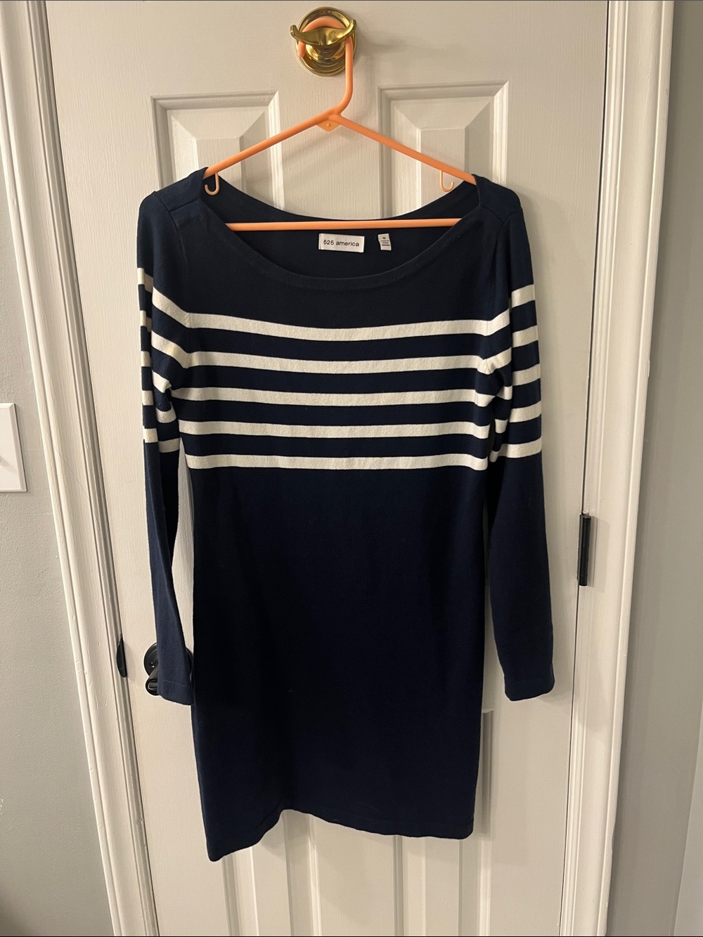 525 America Navy and White Striped Long-Sleeve Knit Sweater Dress